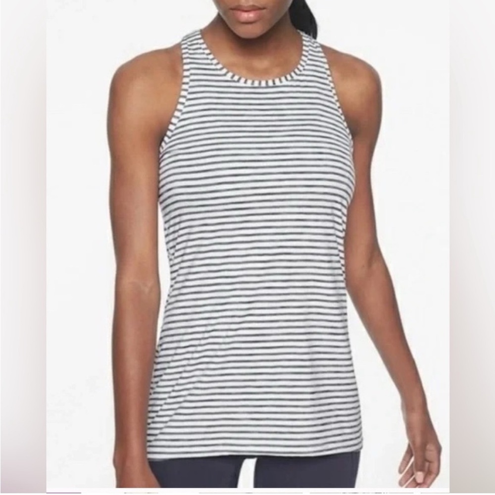 Athleta High Neck Heather Stripe Chi Stretch Tank gray & white size S